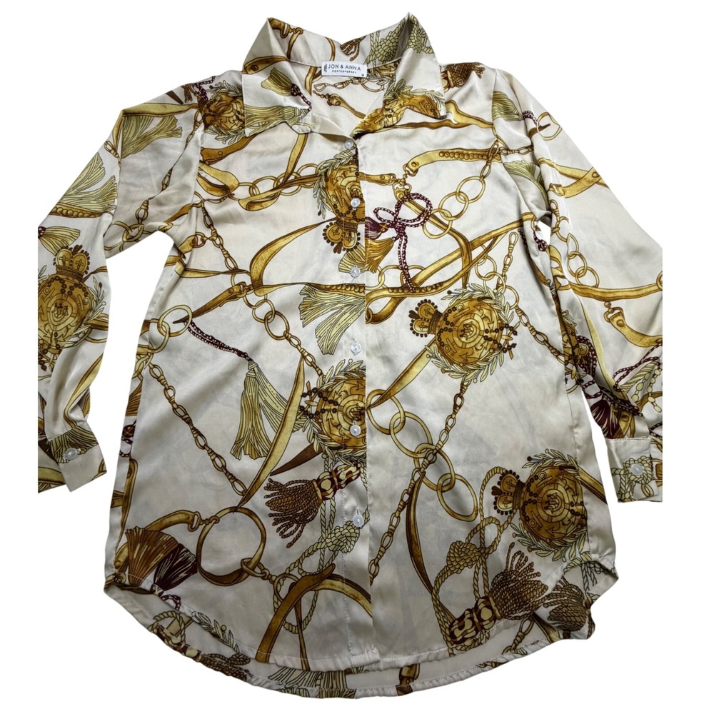 Jon & Anna Contemporary Scarf Print Button Down Shirt Gold Chain Tassel Cream M